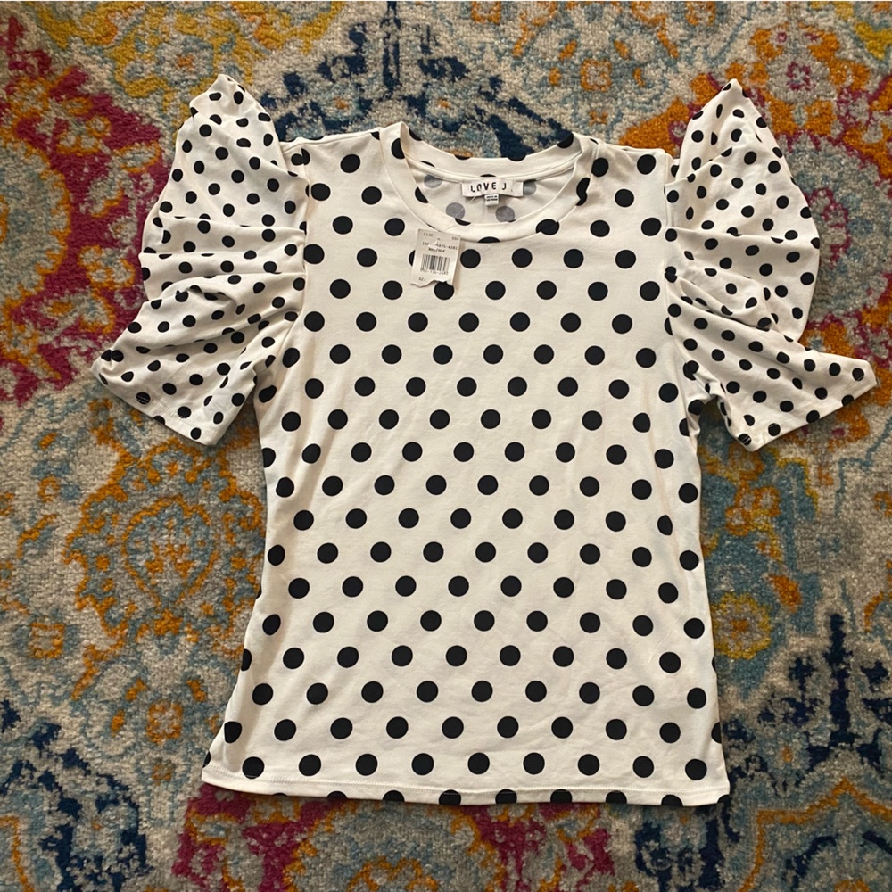 SOLD! NEW! Boutique White & Black Polka Dots Layered Ruffle Sleeve Top L - Picture 1 of 14
